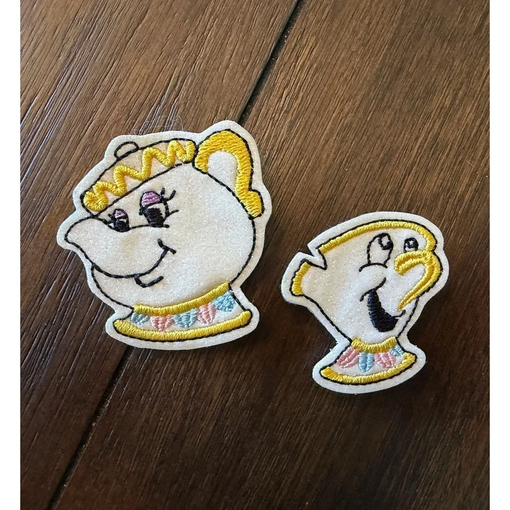 Disney Beauty and the Beast Mrs Potts Chip Embroidered Glitter Hair Clips Set